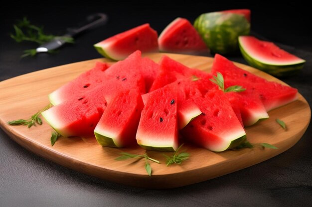 a tray of watermelon slices on a table with a knife and a knife