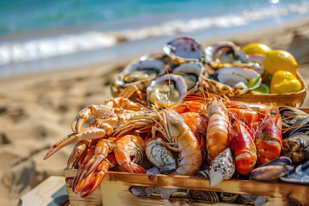 Photo tray with assorted seafood on the beach fresh and delicious