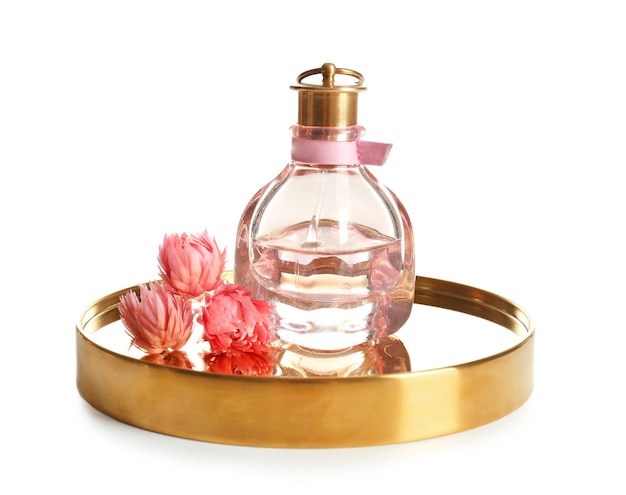 Photo tray with bottle of perfume on white background