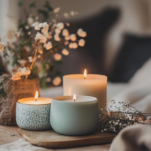 Photo a tray with candles and flowers on it and a vase with flowers in the background