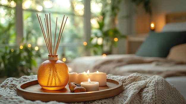 A tray with candles and reed diffuser in a cozy bedroom setting