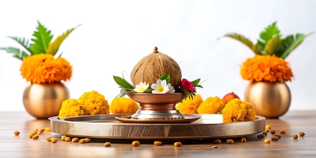 Photo a tray with a coconut and flowers on it is decorated with flowers