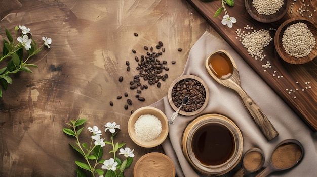 Photo a tray with coffee and a tray of tea and a cup of coffee