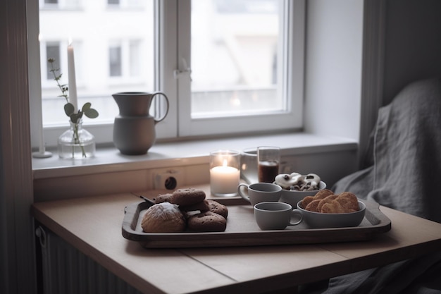 A tray with a cup of coffee and a plate of food on it.