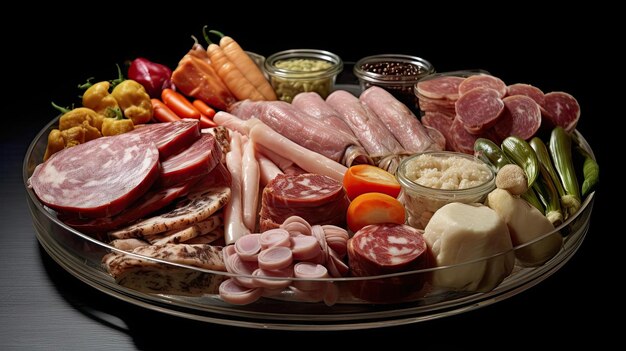 a tray with different kinds of meats and vegetables in the style of multilayered realism