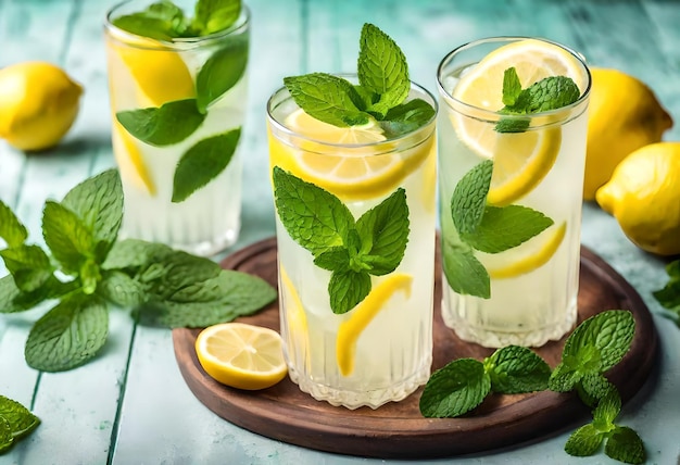 a tray with glasses of lemonade and mint leaves