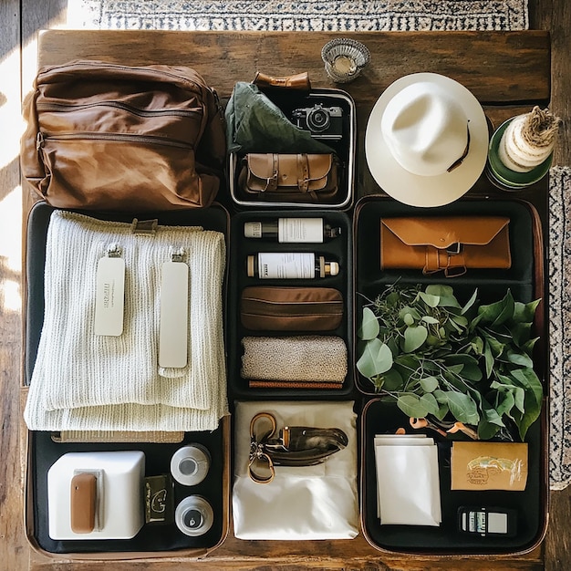 a tray with a hat a box and a box of items on it