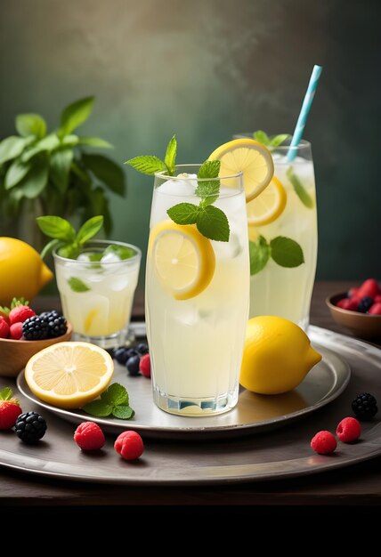 a tray with lemons strawberries and a lemon