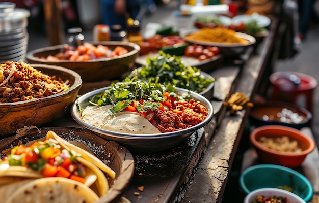 A tray with Mexican street food on Mexico Street National cuisine closeup bokeh in the background