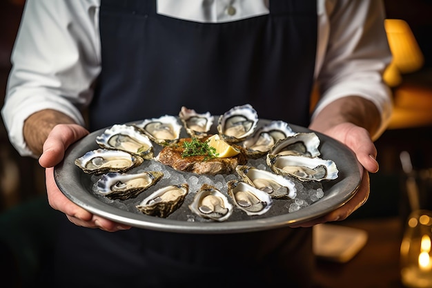 A tray with oysters in the cook39s hands