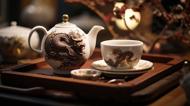 Tray With Tea Pot and Cup