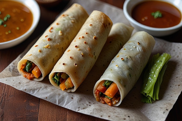 A tray with two burritos and a cup of soup