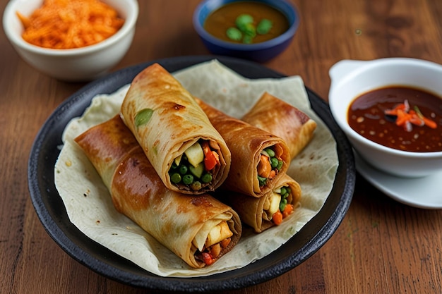 A tray with two burritos and a cup of soup