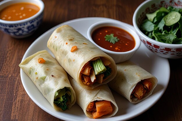 Photo a tray with two burritos and a cup of soup