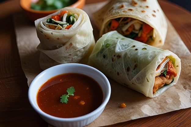 A tray with two burritos and a cup of soup