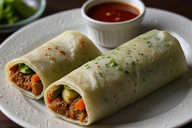 A tray with two burritos and a cup of soup