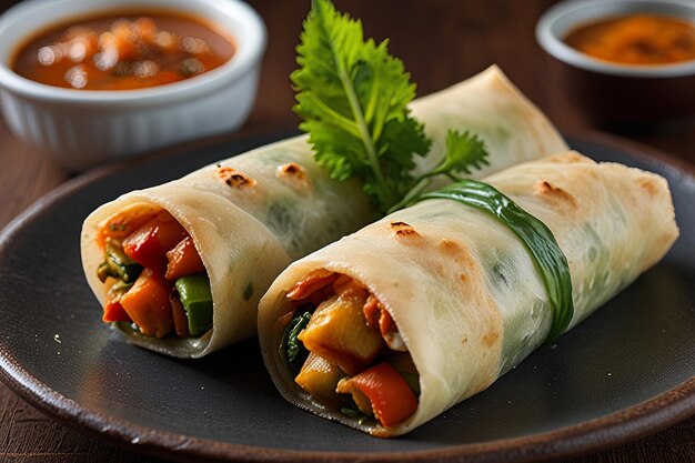 Photo a tray with two burritos and a cup of soup