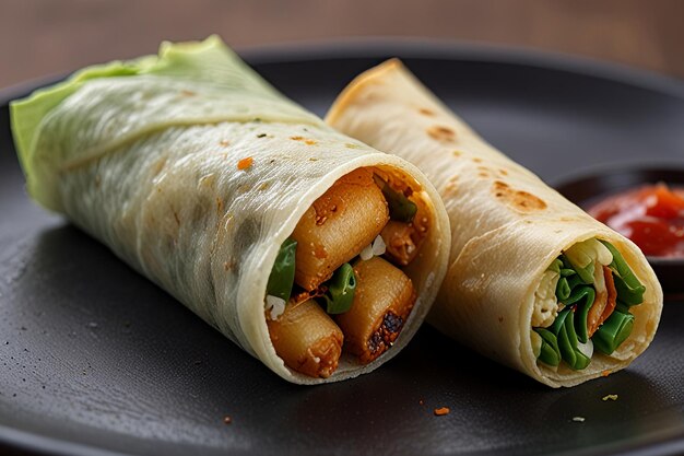 Photo a tray with two burritos and a cup of soup