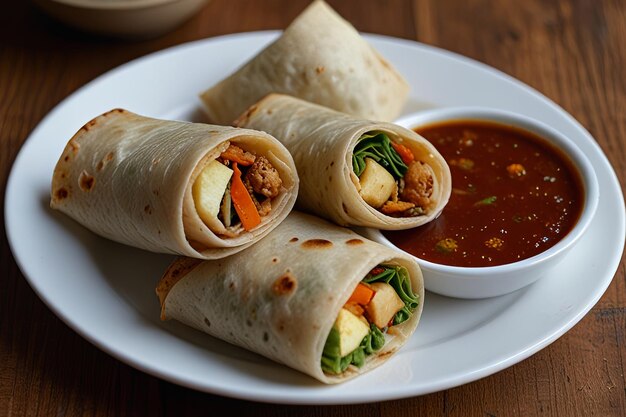 Photo a tray with two burritos and a cup of soup