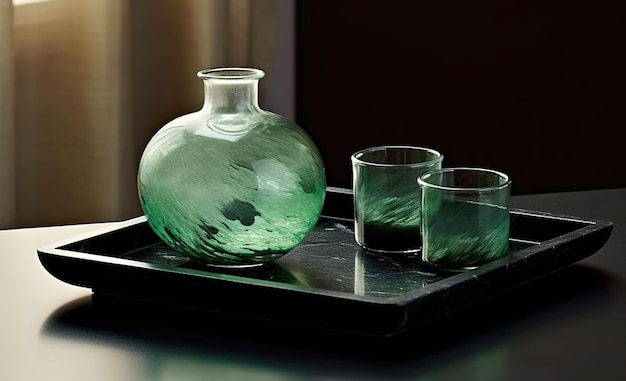 A tray with two glasses and a green glass vase on it.