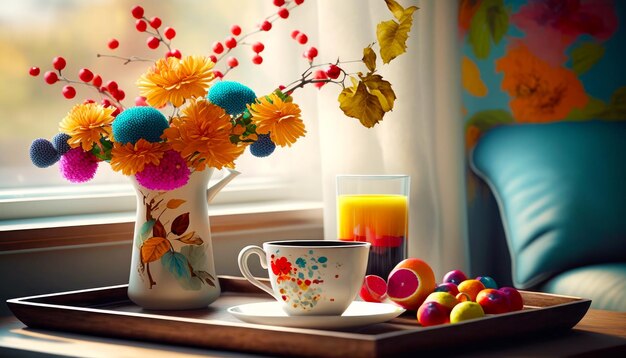 Tray with vase of flowers cup of coffee and glass of orange juice Generative AI