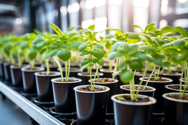 Trays with plant seedlings modern in vertical farm Horizontal photo