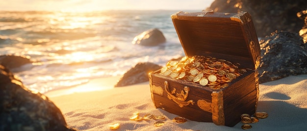 Treasure Chest on a Beach at Sunset