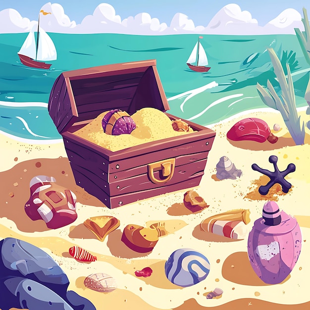 Photo a treasure chest filled with colorful shells and artifacts on a sandy beach by the sea