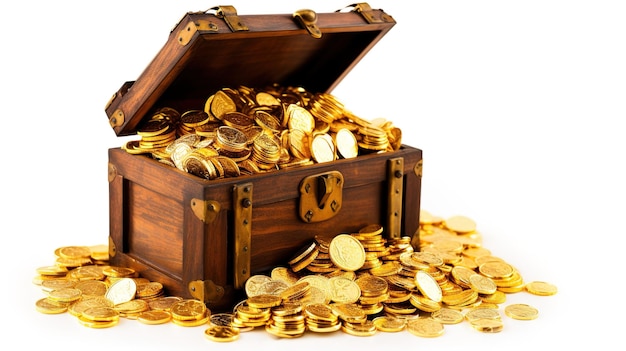 Treasure Chest Full of Glittering Gold Coins Wealth and Prosperity Concept white background