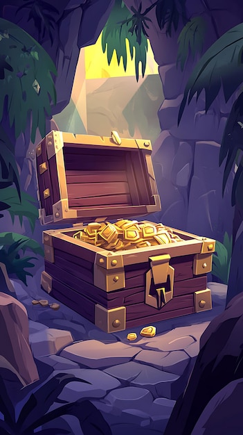 A treasure chest overflowing with gold coins in a rocky lush environment