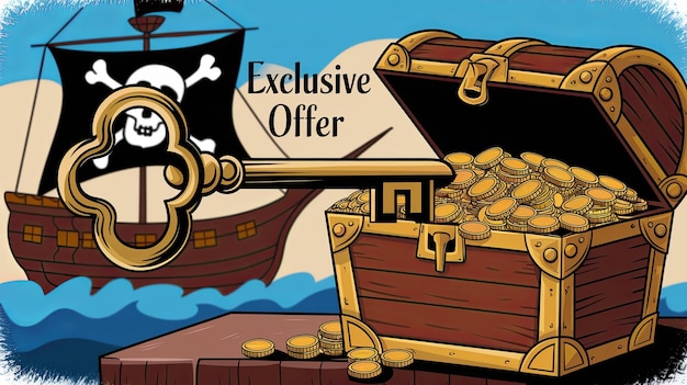 Photo a treasure chest overflowing with gold coins unlocked by a giant key with a pirate ship in the background