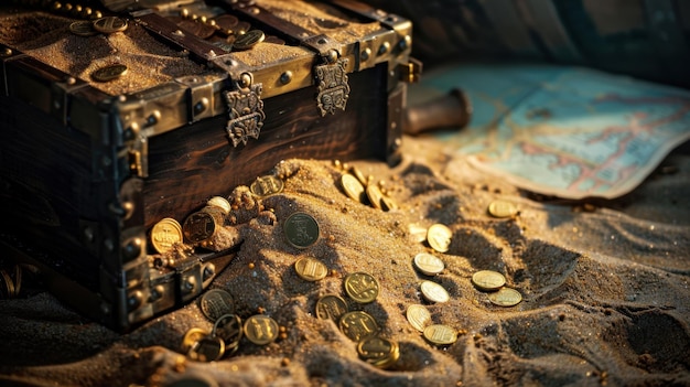 Photo a treasure chest partially covered in sand with gold coins spilling out and a map lying beside it