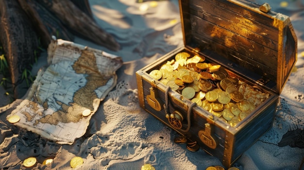 Photo a treasure chest partially covered in sand with gold coins spilling out and a map lying beside it