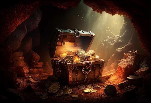 A treasure chest stands on a mountain of coins in a cave AI Generated