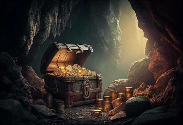 A treasure chest stands on a mountain of coins in a cave AI Generated