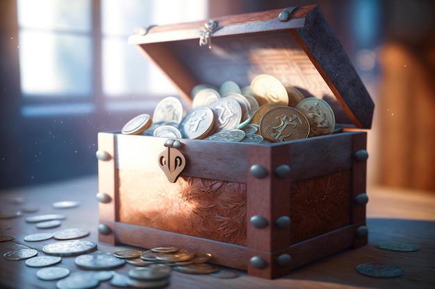 A treasure chest with coins on the bottom and the word treasure on the bottom.