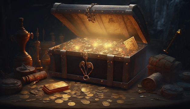 A treasure chest with a gold coin in the middle.