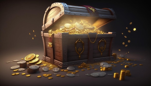 A treasure chest with gold coins on it.