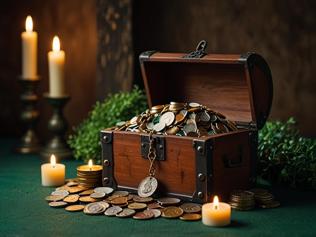 a treasure chest with a lit candle and coins on the table