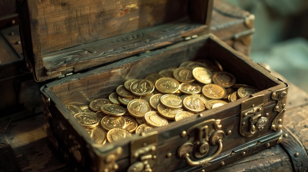 Photo a treasure chest with a secret compartment revealing a hidden stash of gold coins