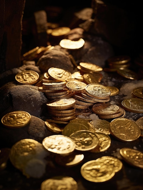 a treasure of gold coins from the old ages scattered across the floor of the medieval castle