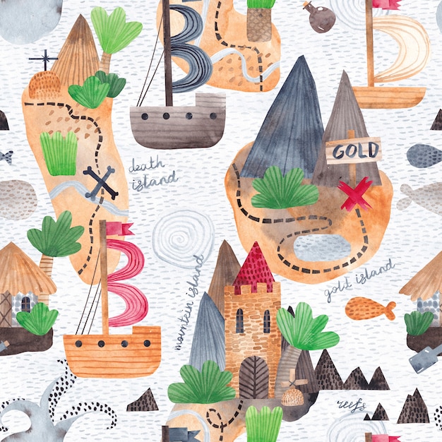 Treasure map. Watercolor seamless pattern. A repeating texture with islands, rocks, ships and marine life.