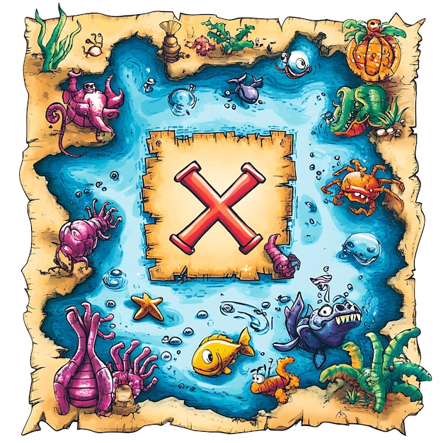 Treasure Map with Cute Sea Creatures and a Big Red X