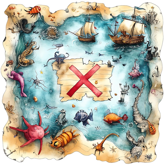 Treasure Map With Red X Mark Ships and Sea Creatures