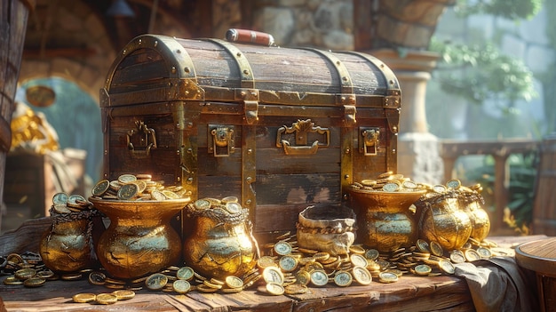 Treasure and money in a sack and box are illustrated in a chest pirate39s illustration