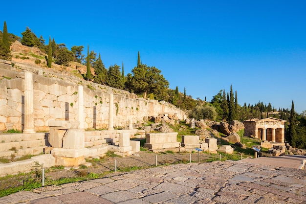 The Treasury of Athens or Athenian Treasure in Delphi. Delphi is ancient sanctuary that grew rich as seat of oracle that was consulted on important decisions throughout ancient classical world.