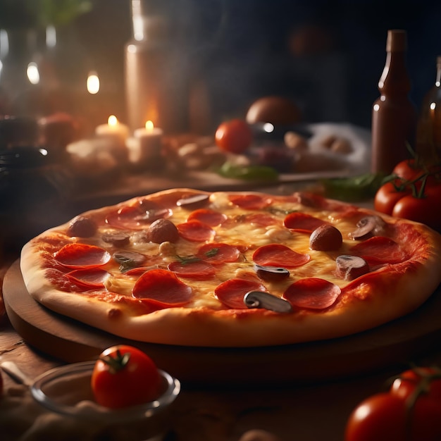 Treat Your Taste Buds to a Delectable Pepperoni Pizza on a Rustic Wooden Plate Under the Moody Lighting of Your Favorite Bar Generative AI