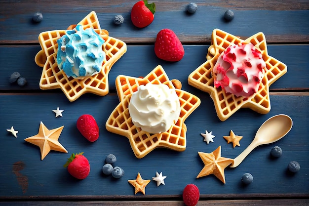 Treats for Independence Day holiday on July 4 Homemade cream ice cream in waffles Generative Ai