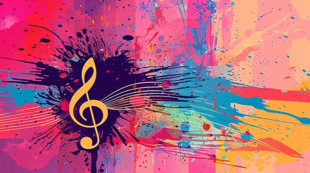 A treble clef on an abstract background with colorful paint splatters