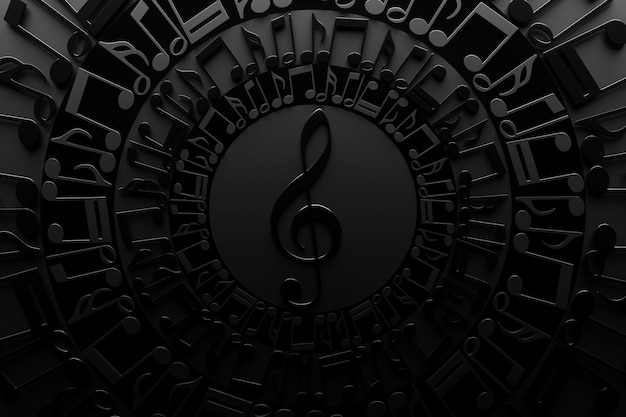 Treble clef in a circle of musical notes on a black background Design 3D illustration